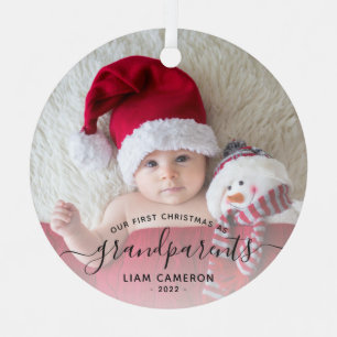 Grandparents First Christmas Photo Black Script Metal Ornament