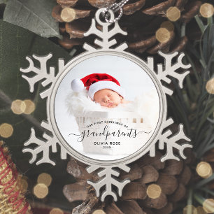 Grandparents First Christmas Photo Black Script Snowflake Pewter Christmas Ornament