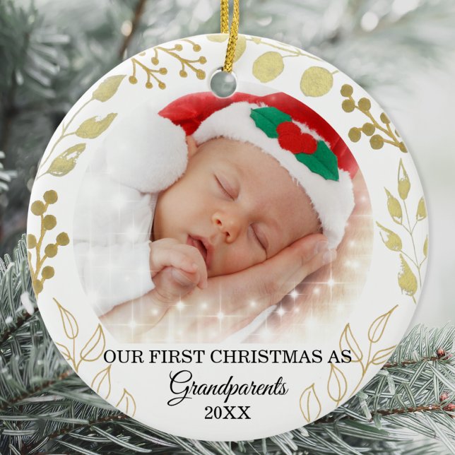 Grandparents First Christmas Photo Ceramic Ornament (Creator Uploaded)