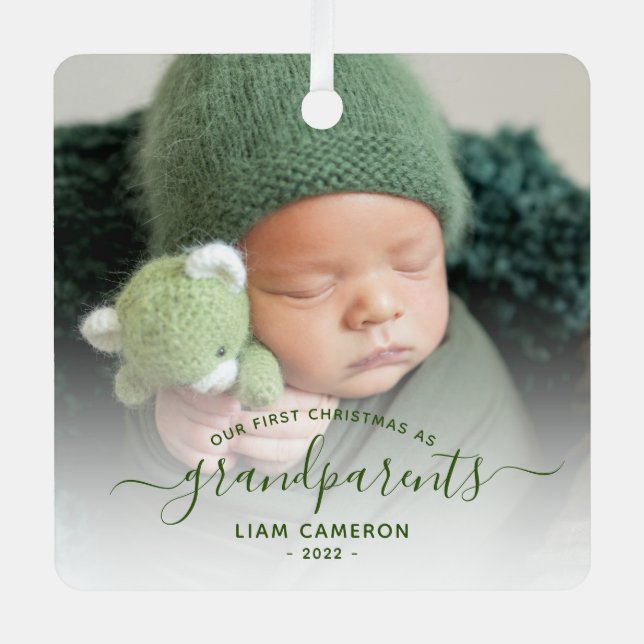Grandparents First Christmas Photo Green Script Metal Ornament (Front)