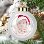 Grandparents First Christmas Photo Red Script Ceramic Ball Christmas Ornament<br><div class="desc">Help them celebrate their first grandchild with this beautiful modern keepsake ornament. The burgundy red text reads "Our first Christmas as grandparents, " with the word "grandparents" in elegant handwriting script with flourishes before and after. Easily replace the sample image with your favourite photo of the new baby, and add...</div>