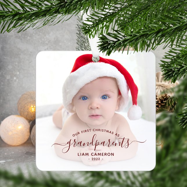 Grandparents First Christmas Photo Red Script Metal Ornament (Creator Uploaded)