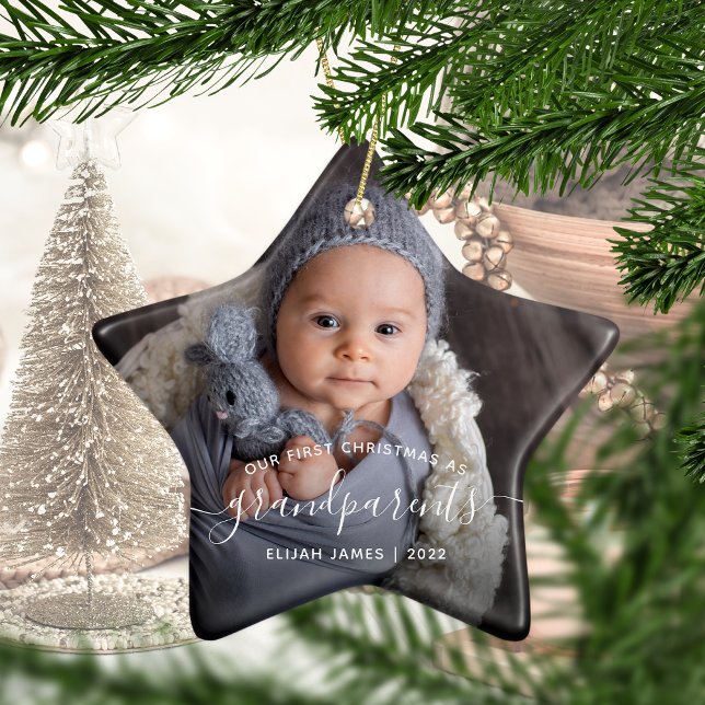 Grandparents First Christmas Photo White Script Ce Ceramic Ornament (Creator Uploaded)
