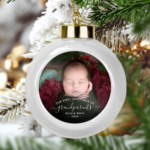 Grandparents First Christmas Photo White Script Ceramic Ball Christmas Ornament