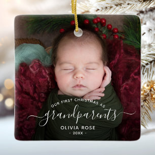Grandparents First Christmas Photo White Script Ceramic Ornament