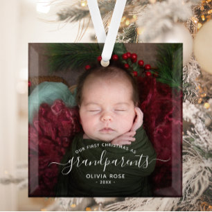 Grandparents First Christmas Photo White Script Glass Ornament