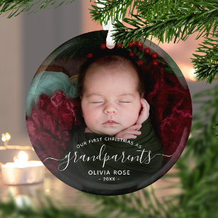 Grandparents First Christmas Photo White Script Glass Ornament