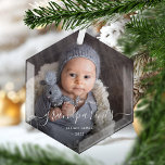Grandparents First Christmas Photo White Script Glass Ornament<br><div class="desc">Help them celebrate the arrival of their first grandchild with this beautiful modern keepsake ornament. The white text reads "Our first Christmas as grandparents, " with the word "grandparents" in elegant handwriting script with flourishes before and after. Replace the sample image with your favorite photo of the baby, and add...</div>