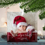 Grandparents First Christmas Photo White Script Glass Ornament<br><div class="desc">Help them celebrate their first grandchild with this beautiful modern keepsake ornament. The off-black text reads "Our first Christmas as grandparents, " with the word "grandparents" in elegant handwriting script with flourishes before and after. Easily replace the sample image with your favorite photo of the new baby, and add his...</div>