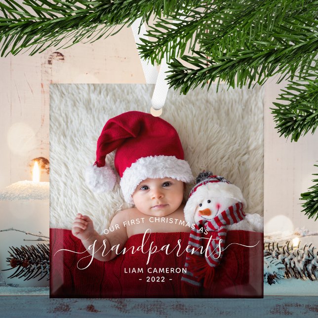 Grandparents First Christmas Photo White Script Glass Ornament (Creator Uploaded)