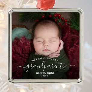 Grandparents First Christmas Photo White Script Metal Ornament