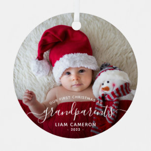 Grandparents First Christmas Photo White Script Metal Ornament