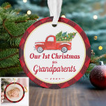 Grandparents First Christmas Truck Red Plaid Photo Ornament<br><div class="desc">***** Don't forget to upload your favourite photo on the back. If you don't need the photo placement, you can remove it using design tool ***** Celebrate your First Christmas as Grandparents with this Christmas Truck Red Plaid Photo Ornament. Adding a favourite photo and text to this graceful design for...</div>