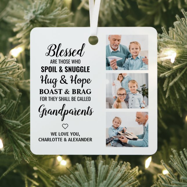 Grandparents Grandma Grandpa Poem Custom 3 Photo Metal Ornament (Insitu)