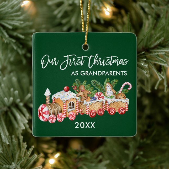 Grandparents Our First Christmas Gingerbread Train Ceramic Ornament (Tree)