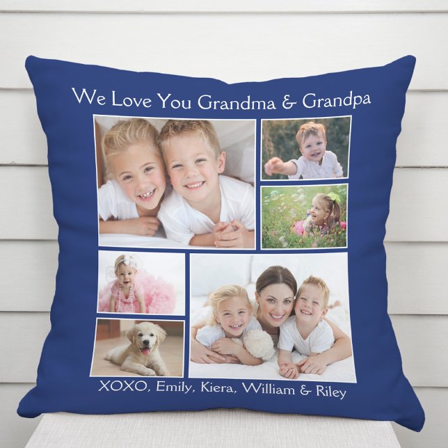 Grandparents Photo Collage Blue Throw Pillow (Creator Uploaded)