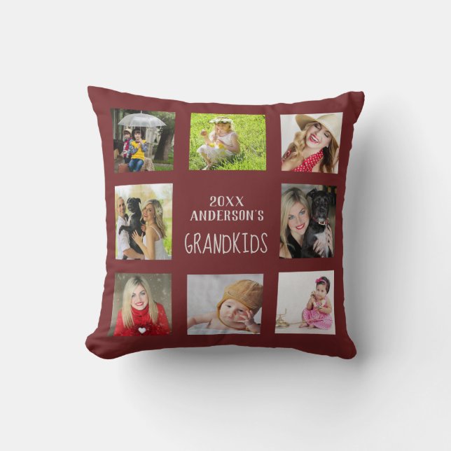GRANDPARENTS Photo Collage Grandkids QUOTE Burgund Throw Pillow (Front)