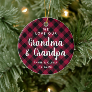 Grandparents Red Plaid Christmas Photo Two-Sided Ceramic Ornament