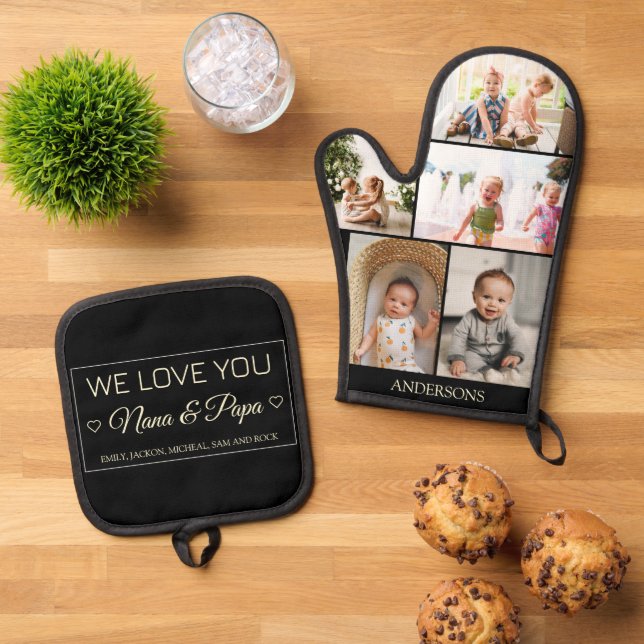 Grandparents Simple 5 Photo Collage Gift Oven Mitt & Pot Holder Set (Top Down)