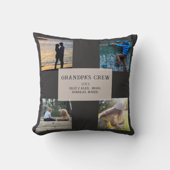 Grandpa's Crew Custom  4 Photo Grid  Throw Pillow (Front)