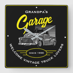 Grandpa's Name Garage Welcome Vintage Trucks Black Square Wall Clock