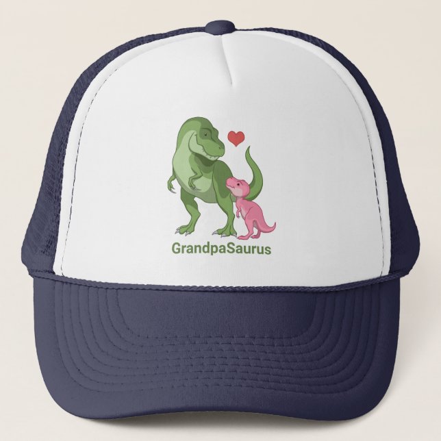 GrandpaSaurus Green T-Rex & Baby Girl Dinosaurs Trucker Hat (Front)