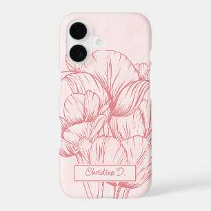 Grands Tulipes Corail Dessin au Trait sur Fond Ros