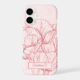 Grands Tulipes Corail Dessin au Trait sur Fond Ros