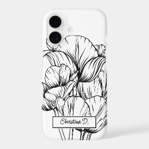 Grands Tulipes Noires Dessin au Trait sur Fond Bla
