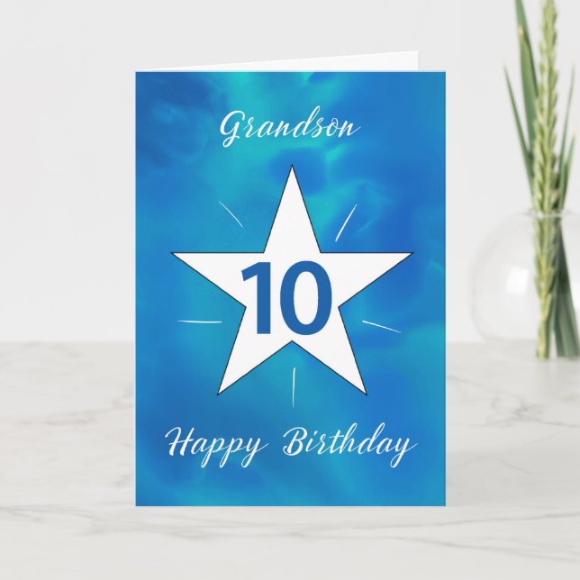 Grandson 10th Birthday Star Blue Green Watercolor Card (Front)