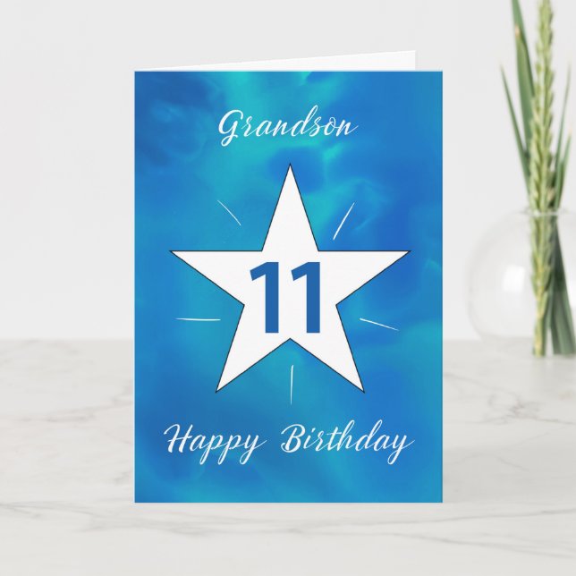 Grandson 11th Birthday Star Blue Green Watercolor Card (Front)