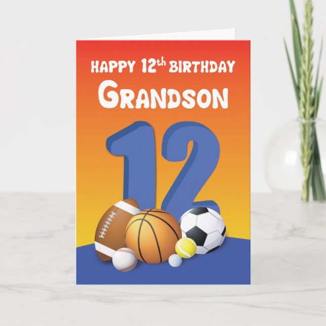 Grandson 12th Birthday Sports Balls Card (Front)