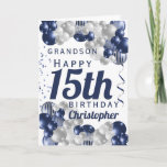 Grandson 15th Birthday Navy Balloon Card<br><div class="desc">A gorgeous navy and silver balloon happy 15th birthday card. This fabulous design is the perfect way to wish your grandson a happy 15th birthday (or any age!) Personalize with our own custom name and message. Blue coloured typography.</div>