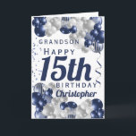 Grandson 15th Birthday Navy Balloon Card<br><div class="desc">A gorgeous navy and silver balloon happy 15th birthday card. This fabulous design is the perfect way to wish your grandson a happy 15th birthday (or any age!) Personalize with our own custom name and message. Blue coloured typography.</div>