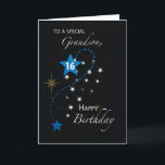 Grandson 16th Birthday Star Inspirational Blue Card<br><div class="desc">Black background sets off the white and blue stars. One large blue one stands out above the rest with the number 16 on it. Inspirational birthday card as your grandson turns 16,  with a beautiful sentiment inside.</div>