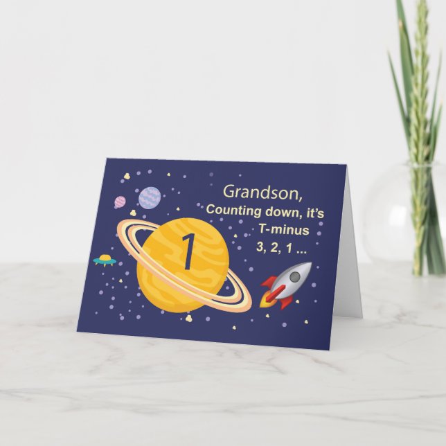 Grandson 1st Birthday Planets in Outer Space Card (Front)