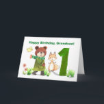 Grandson 1st Birthday Watercolor Bear and Fox  Card<br><div class="desc">Celebrate a whole year of love, laughter, and firsts with this adorable first birthday card for your grandson! A sweet bear in a cozy coat and scarf walks alongside a friendly fox, while a little yellow bird flutters nearby. Together, they journey toward a big number 1, marking this wonderful milestone....</div>