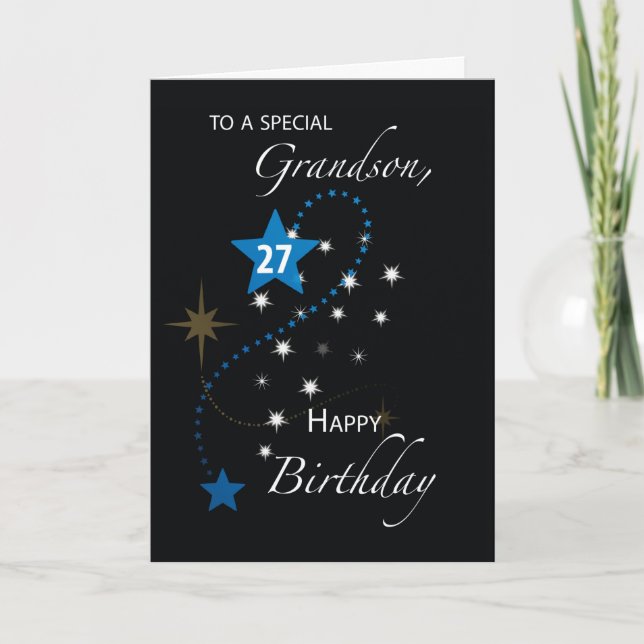 Grandson 27th Birthday Star Inspirational Black Card (Front)