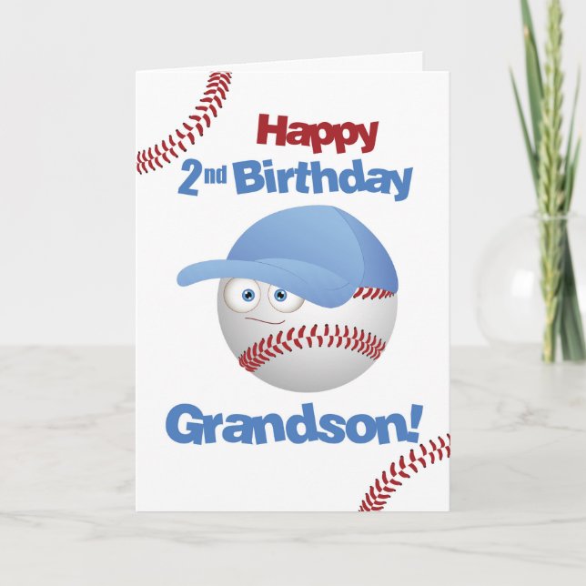 Grandson 2nd Birthday Funny Baseball Face Card (Front)