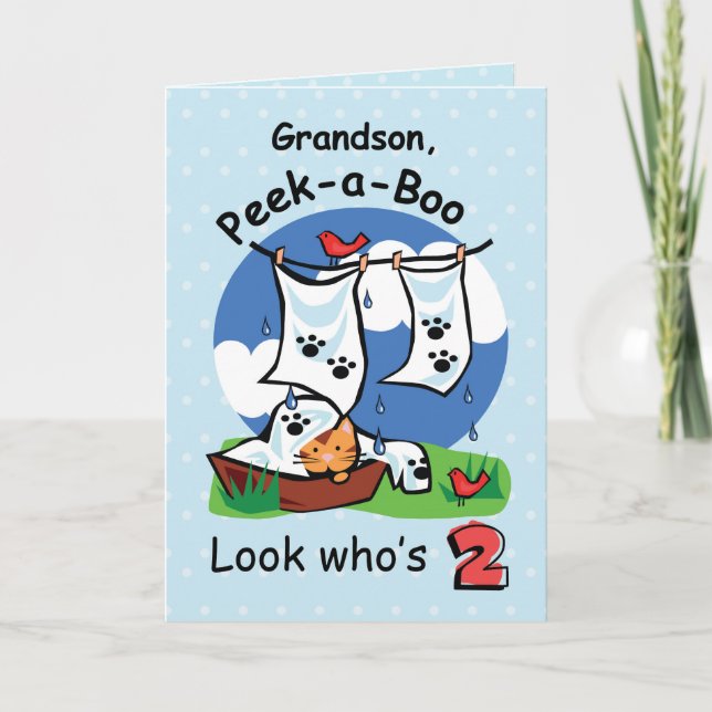 Grandson, 2nd Birthday, Peek-a-Boo Kitten Card (Front)
