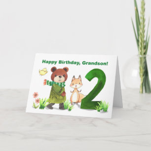 Grandson 2nd Birthday Watercolor Bear and Fox Card