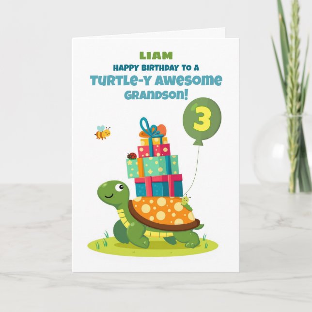 Grandson 3rd Birthday Personalize Cute Turtle Card (Front)