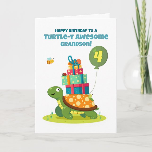 Grandson 4th Birthday Cute Turtle with Presents Card (Front)