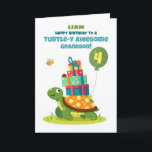 Grandson 4th Birthday Personalize Cute Turtle Card<br><div class="desc">Make his 4th birthday extra special with this personalized turtle card featuring his name. A smiling turtle with gifts and little animal friends creates a joyful and memorable birthday surprise for your grandson.</div>