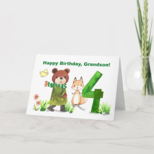 Grandson 4th Birthday Watercolor Bear and Fox Card