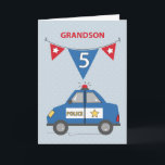 Grandson 5th Birthday Blue Police Car Card<br><div class="desc">Flags,  a police car and the number five appears on the front of this card that was designed to send 5th birthday greetings to a handsome grandson. Celebrate with him soon with this card.</div>