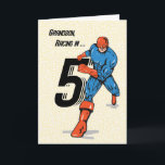 Grandson 5th Birthday Superhero Card<br><div class="desc">Happy 5th Birthday says this superhero as he runs in with the large number 5! Wish your grandson happy 5th birthday like the important superhero that he is!</div>