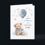 Grandson 6 Month Birthday Personalize Teddy Bear Card<br><div class="desc">Celebrate your grandson’s 6-month milestone with a personalized touch! This charming design features a sweet watercolor bear in a soft blue sweater, holding a balloon with “6 MONTHS” gently floating above. Light tan and blue stars frame the scene, adding a dreamy, peaceful feel. The front includes space to add your...</div>