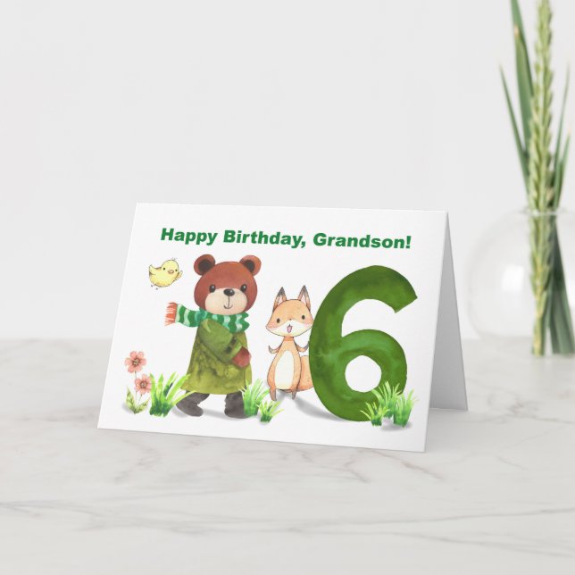 Grandson 6th Birthday Watercolor Bear and Fox Card (Front)