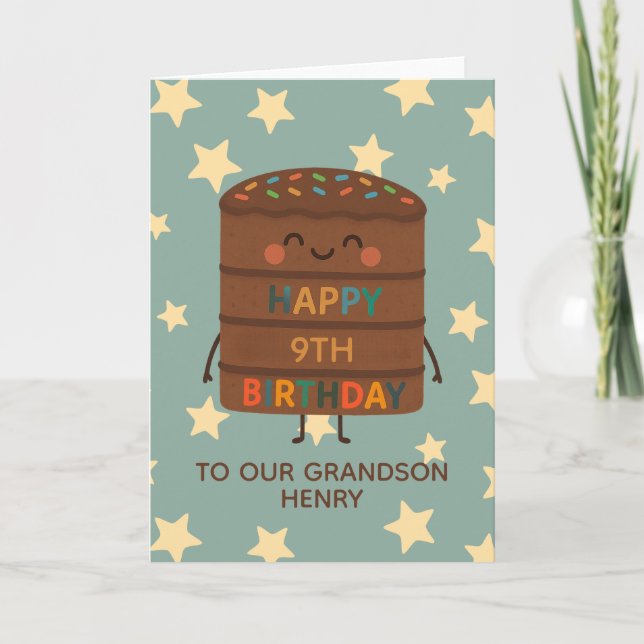 Grandson 9th Birthday Cute Custom Chocolate Cake Card (Front)